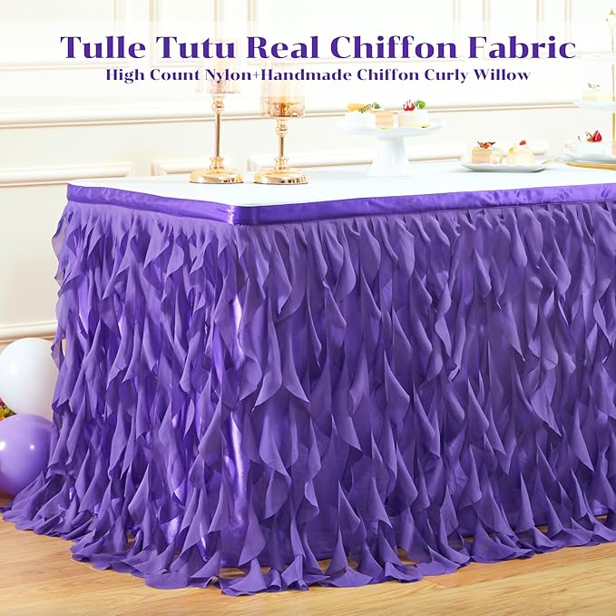Partisky Mermaid Purple Tulle Curly Willow Table Skirt for Rectangle Table 14ft, Ruffle Tutu Table Cloth for Girls Boys Baby Shower,Mermaid Birthday Party