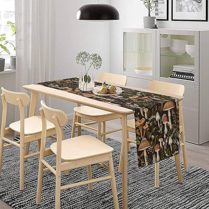 Mushroom Table Runner,Retro Forest Wildflower Botanical Plants Flower Art Pattern Print Burlap Hotel Indoors Outdoor Dining Room Kitchen Holiday Party, 13x90in