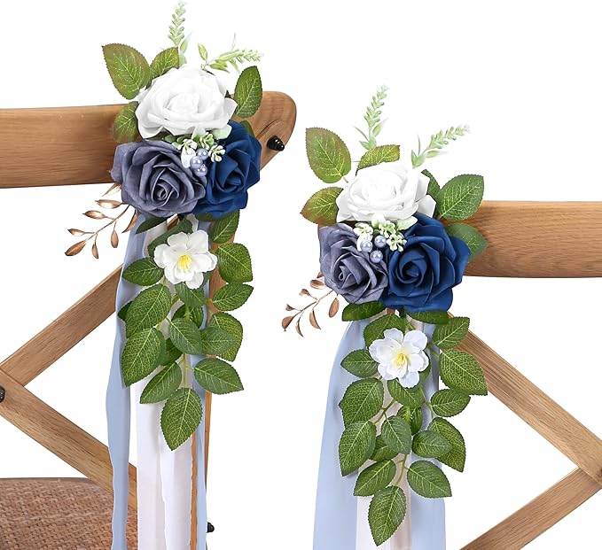 Artificial Rose Wedding Aisle Flowers, 10 Pieces, Blue with Chiffon Ribbon