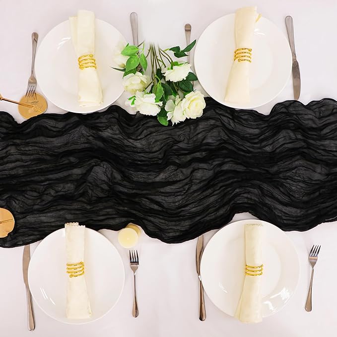 Snowkingdom 6PCS 13 Ft Black Cheesecloth Table Runner, 160 inch Long Cheese Cloth Boho Gauze Runners for Wedding Bridal Baby Shower Birthday Holiday Party Halloween Table Decorations