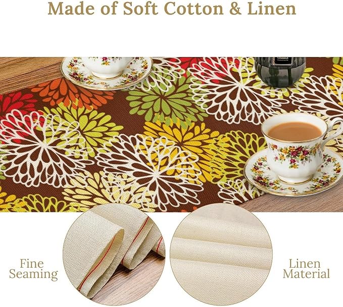 Brown Dahlia Floral Table Runner, Seasonal Autumn Thanksgiving Pattern Print for Home Kitchen Table Decor Dining Coffee Room Party Decor 13x60 Inch
