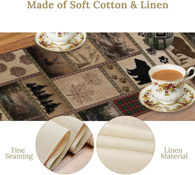 Retro Rusticd Cabin Table Runner Bear Country Farmhouse Vintage Lodge Table Runner for Party Dinner Festival Bedroom Living Room Kitchen 13x90 Inch