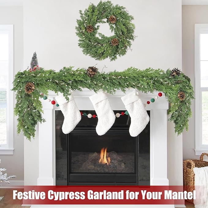 Christmas Garland 6 Ft Dark Green Cypress with Pinecones and White Beads