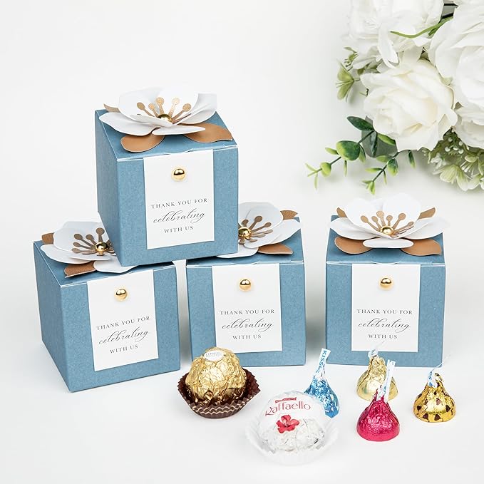 Gift Boxes, 20 Pack Dusty Blue Floral Favor Containers with Thank You Tags