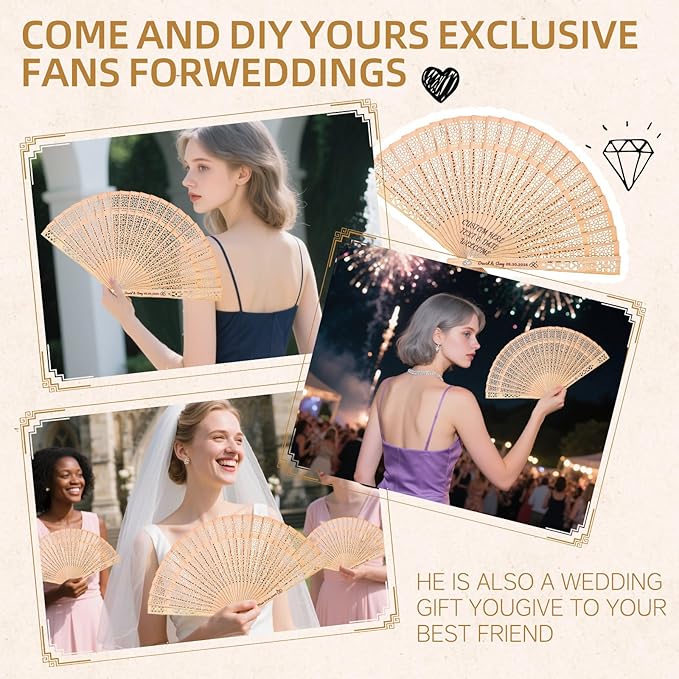 150pcs Personalized Wedding Fans for Guests - Custom Wooden Hand Fans with Names/Dates - Bulk Wedding Favors for Bridal Shower, Baby Shower & Parties (Wood, 150pcs)