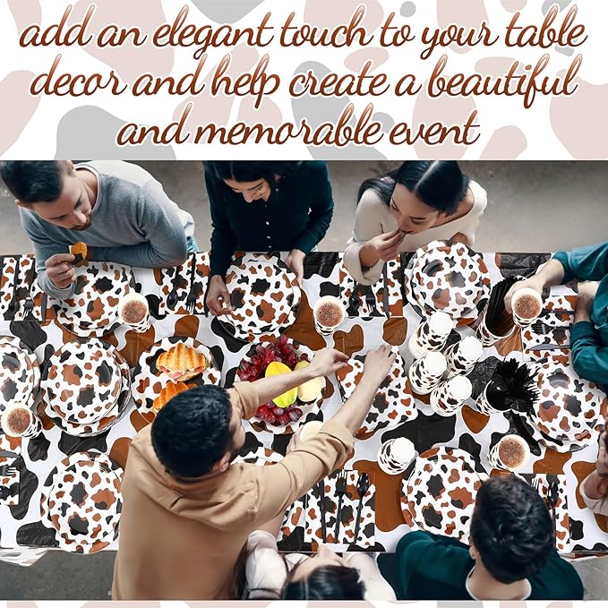 452 Pcs Cow Print Party Decorations Supplies Include Brown Cow Print Paper Plates Napkins Cups Tablecloth Cutlery Straws for Western Rodeo Birthday Baby Shower Farm Animal Party Decorations