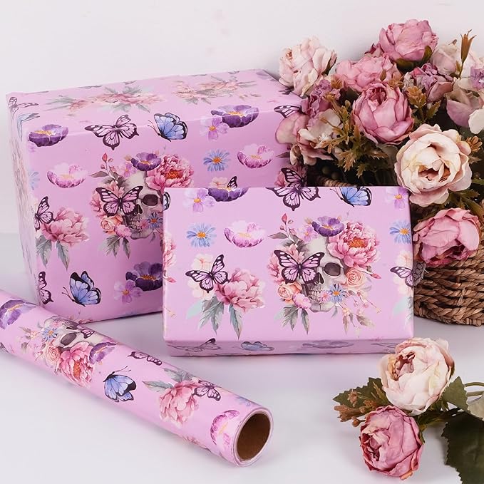 Aimyoo Gothic Wrapping Paper Roll, 17 Inch X 33 Feet Skull Floral Butterfly Design Gift Wrap Paper for Mother's Day, Birthday Bridal Shower
