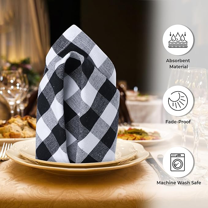 Cloth Napkins Set of 12, 20 x 20 Inch Black and White Checkered Cotton