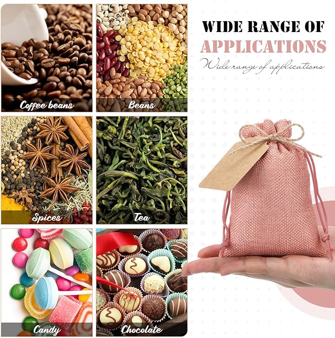 Gift Bags: 100 Burlap Drawstring Bags with Kraft Tags and Rope