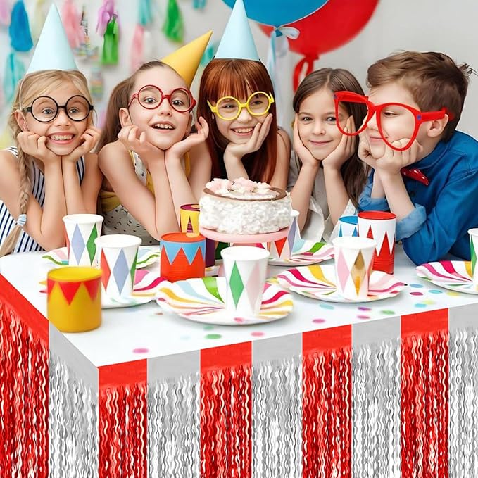 6 Pack 29x108 Inch Red Silver Wave Foil Fringe Table Skirts Metallic Banner for Tinsel Streamer Garland Backdrop for Parade Floats Wedding, Mother's Day, Birthday Mardi Gras Party Decorations