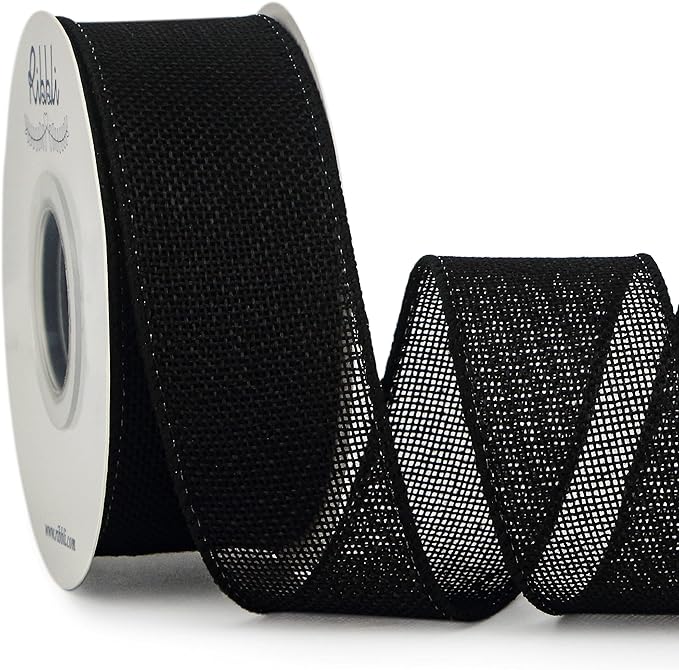 Ribbli Black Burlap Wired Ribbon,1-1/2 Inch x 10 Yard, Wired Edge Ribbon for Big Bow,Wreath,Tree Decoration,Outdoor Decoration