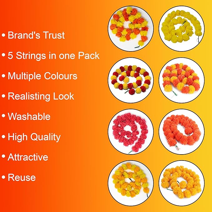 Artificial Marigold Garland for Decorations Pack of 5 - Marigold Flowers Garland for Christmas Wedding Christmas Tree New Year Ornaments (Light Yellow Red | 4 to 4.5ft) Hashcart®