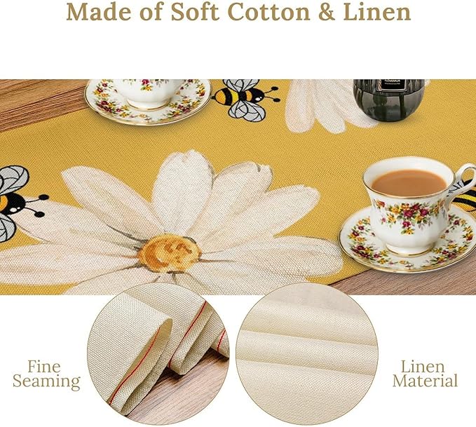 Daisy Flower Table Runner, Summer Spring Seasonal Watercolor Wildflower Yellow Bee Print Table Cover for Home Party Decor Kitchen Dining Table, 13x70inch