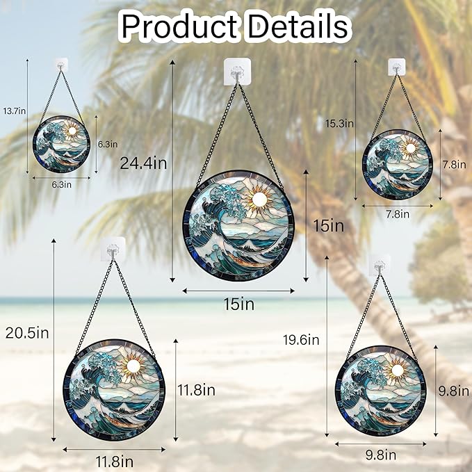 Stained Glass Window Hanging - White Sun Big Wave Suncatcher for Door Terrace Garden Home Decor Blue Ocean Landscape Sun Catcher Birthday Gifts for Lovers Women Men Dad Mom Nana 6.3 in