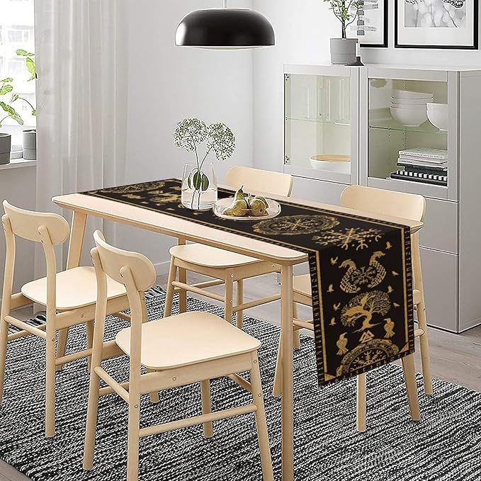 Viking Tree of Life Abstract Table Runner for Living Room Home Party Coffee Dining Party Wedding Golden Black Celtic Style Geometric Dragon Boat Rudder Ancient Script Table Runner 13x120 Inch