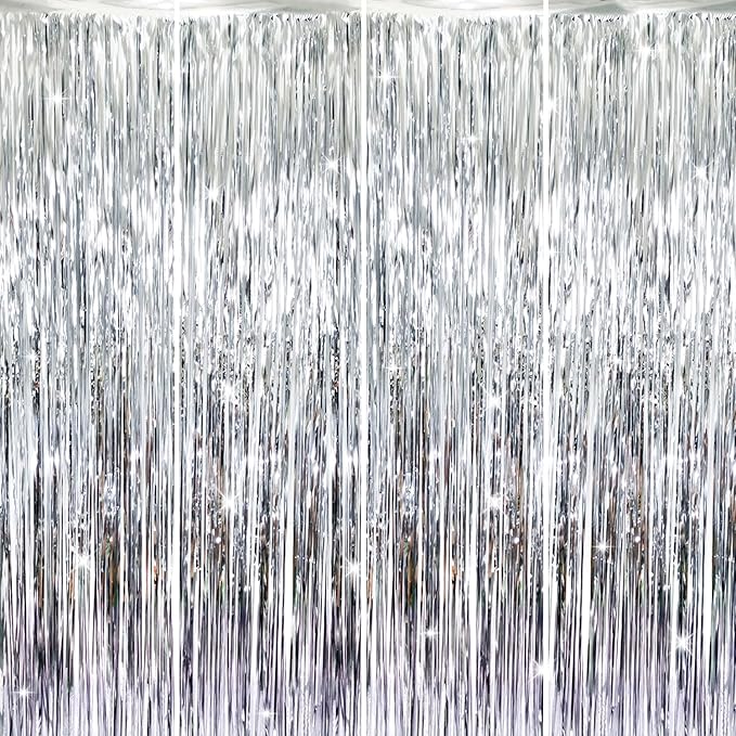 GOER 3.2 ft x 8.2 ft Metallic Tinsel Foil Fringe Curtains Party Photo Backdrop Party Streamers for Birthday,Graduation,New Year Eve Decorations Wedding Decor (4 Packs,Silver)