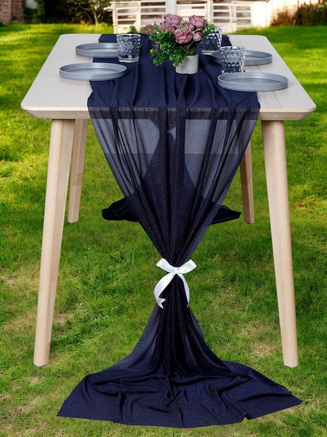 MDS 2 Pack 10ft Chiffon Table Runner 29 x 120 Inches Sheer Wedding Runner Romantic Rustic Table Runner for Wedding Decorations, Birthday Parties, Bridal Shower Party Arch Decor - Navy Blue