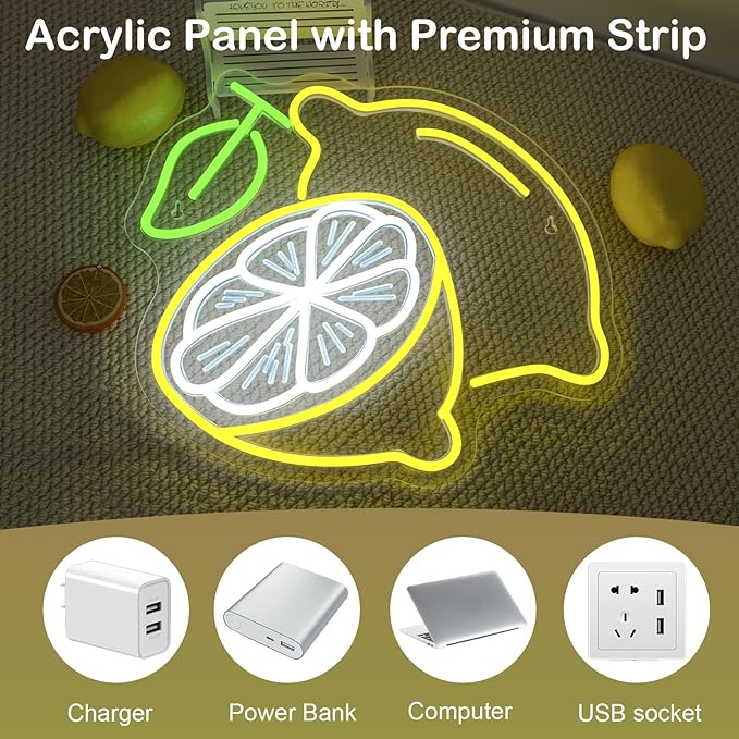 Lemon Cocktail Neon Sign – Yellow & Green LED Wall Light with Citrus Slice and Drink Glass – Summer Party, Bar, Kitchen, and Home Décor