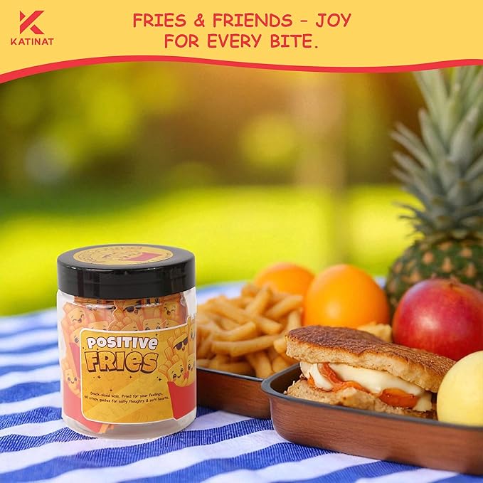 Positive Fries Jar – 60 Funny Affirmation Cards, Emotional Support Fries for Friends, Teens, Coworkers, Funny Foodie Gifts for Stress Relief and Positivity