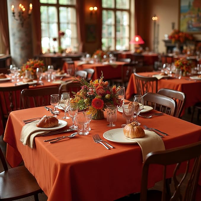 sancua Thanksgiving Square Tablecloths 60x60 Inch Rust, 2 Pack Fabric Fall Table Cloth for Square or Round Tables, Burnt Orange Washable Polyester Table Cover for Dinner, Holiday Party, Display Tables