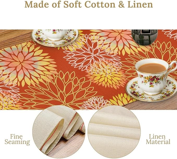 Yellow Floral Table Runner, Chrysanthemum Autumn Spring Summer Vintage Modern Linen Geometric Table Runner for Kitchen Living Room Bedroom Party Holiday, 13x120 Inch