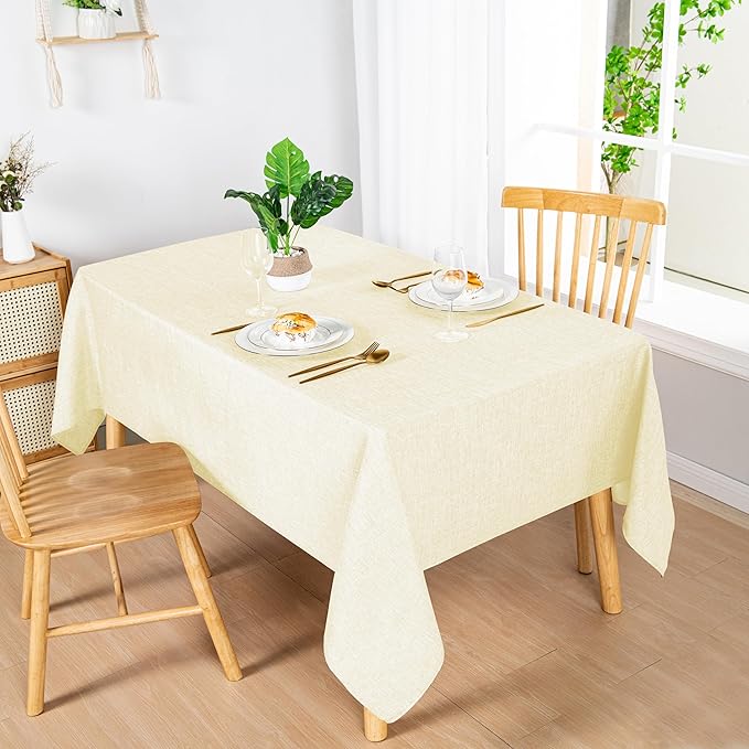 Hiasan Faux Linen Rectangle Tablecloth - Wrinkle and Stain Resistant Washable Table Cloth for Kitchen Dining Room Holiday Table Cover for Dinner, Champagne, 60 x 140 Inch
