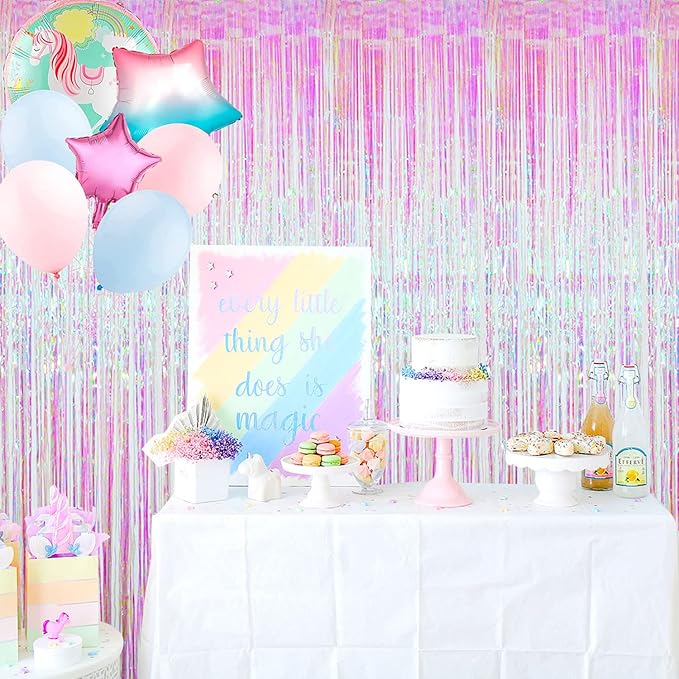 GOER 3.2 ft x 9.8 ft Metallic Tinsel Foil Fringe Curtains Party Photo Backdrop Party Streamers for Birthday,Graduation,New Year Eve Decorations Wedding Decor (4 Packs,Iridescent)