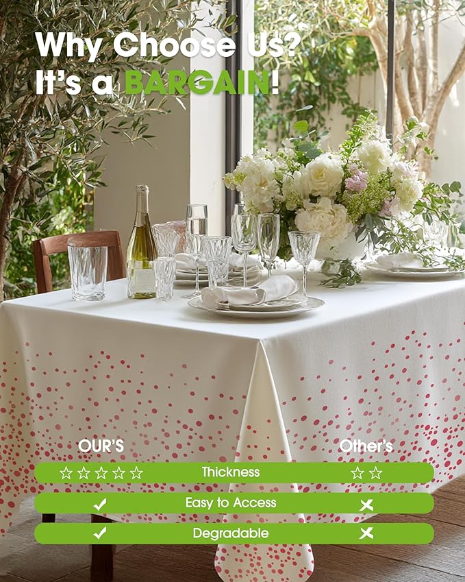 Pureegg Plastic Table Cloth Disposable 10 Pack, 54 x 108 Inch Table Cloths, Graduation Decorations of 2025, Graduation Tablecloths, Rectangle, Plastic Cover, Leakproof & Sturdy, White and Rose Gold