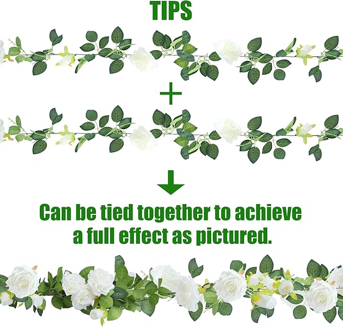 Artificial Rose Vine Garland, 4 Pack, 7.75 Ft White Silk Flowers