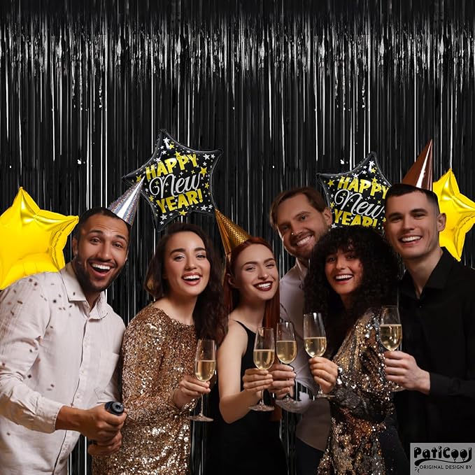 Streamers Black Metallic Glitter Tinsel Backdrop 4-Pack 3.2 x 8.2 FT