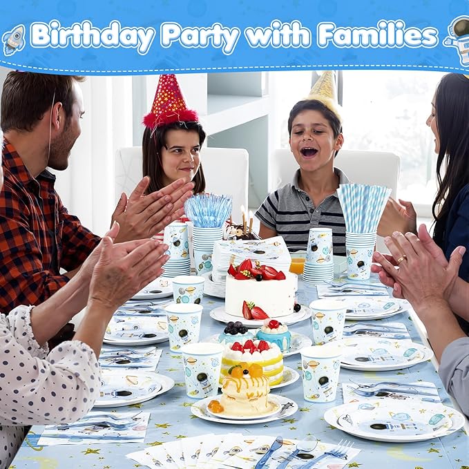 452 Pcs Space Themed Party Decorations for 50, Blue Space Astronaut Paper Plates Napkins Cups Tablecloth Cutlery Straws for First Trip Around The Sun Planet Birthday Baby Shower Party Supply