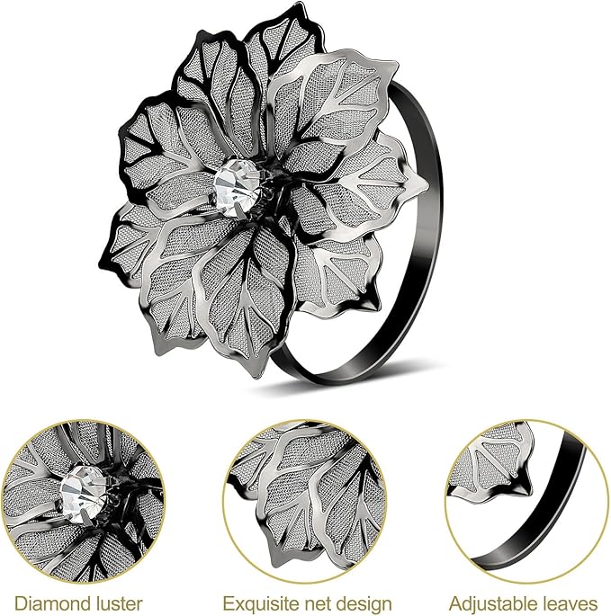 KPOSIYA Flower Napkin Rings Holder Metal Black Napkin Rings Set of 12 for Wedding Party Holiday Banquet Christmas Dinner Delicate Serviette Buckles Decor Favor (12, Black)