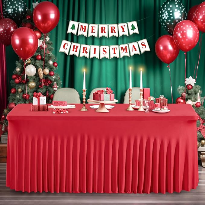 Wish Care 2 Pack Red Spandex Table Clothes for 4 Foot Rectangle Tables, 4FT Wrinkle Free Fitted Tablecloths Ruffles Design Stretch Table Cover for Party, Banquet, Wedding and Events