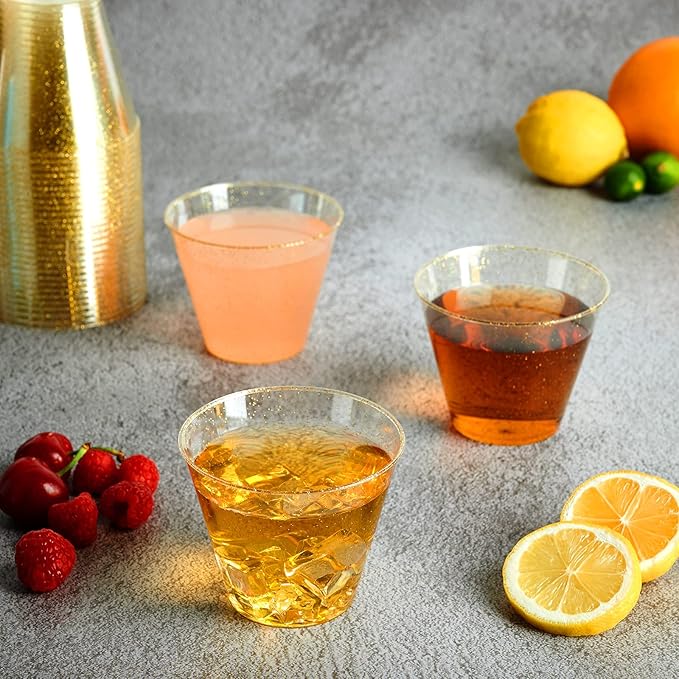 Disposable Party Cups, 9 oz Gold Glitter, 100 Pack