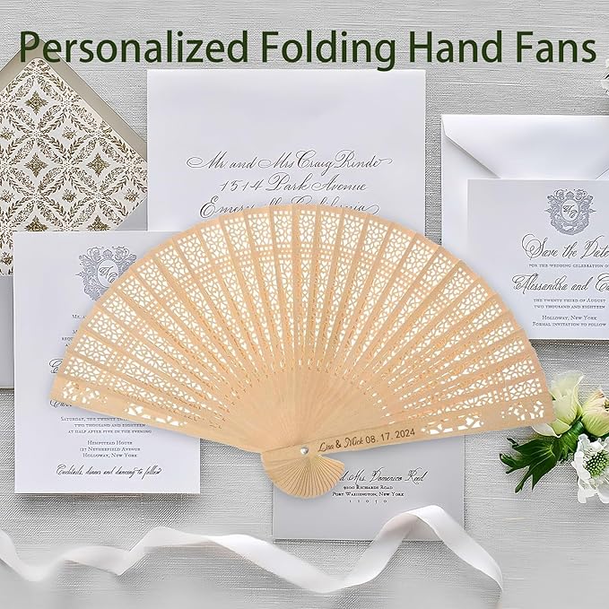 100Pcs Wedding Fans Personalized Folding Hand Fans Custom Sandalwood Wedding Fans with Organza Bags Wedding Party Favor Wedding Fans for Guests (200)