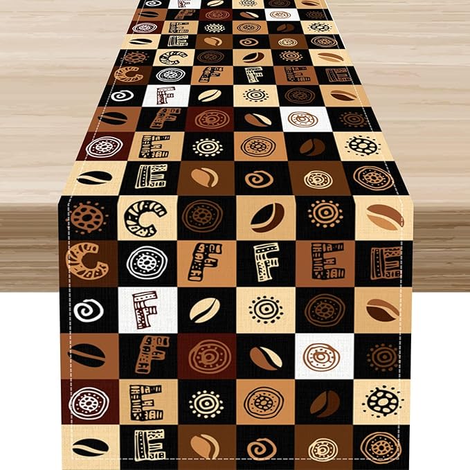 Coffee Theme Table Runner, Rustic Farmhouse Coffee Cup Latte Cappuccino Tea Party Cafe Table Center Decor for Home Kitchen Dining Patio Holiday Party Indoor Outdoor Table Decorations, 13"x36" Inch