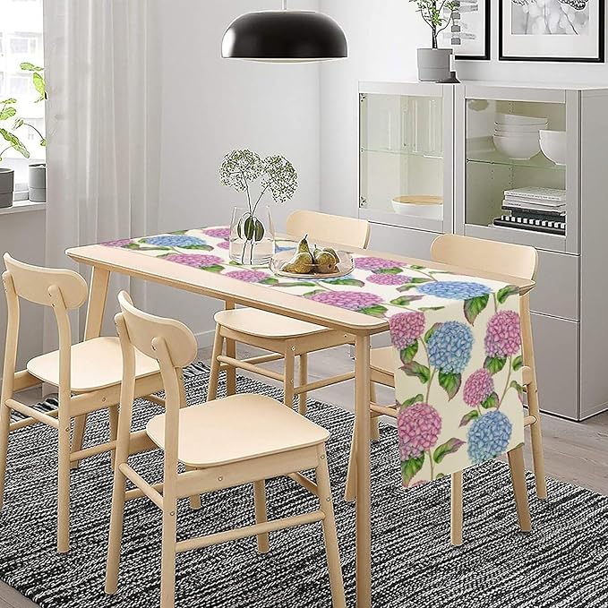 Spring Hydrangea Flower Table Runner, Seasonal Summer Plants Watercolor Pink Purple Florals Dinner Runner for Home Kitchen Dining Table Party Holiday Decoration 13"x108"