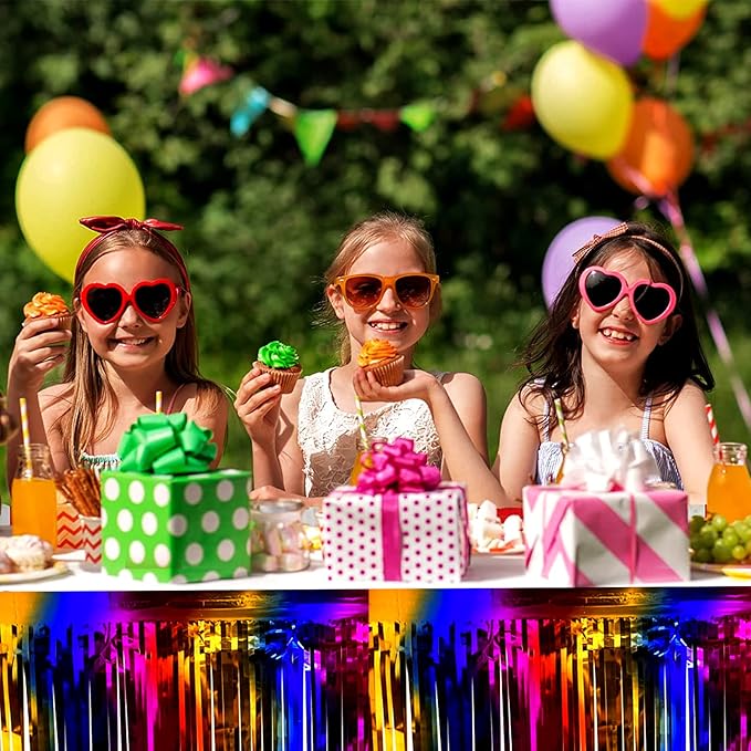 4 Pack 29x108 Inch Metallic Foil Fringe Tinsel Table Skirts for Rectangle Tables Streamer Backdrop for Wedding, Birthday, Parade Floats, Christmas, Halloween Party Decoration(Rainbow)