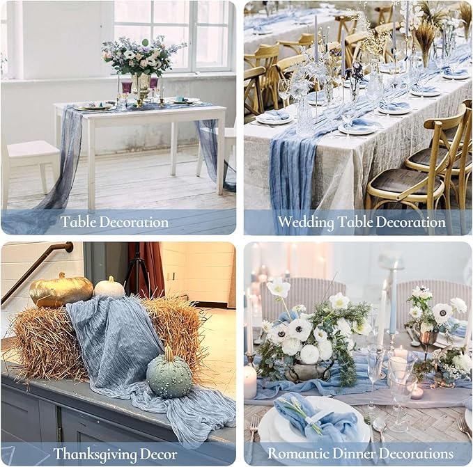 10 Pack Dusty Blue Cheesecloth Table Runner 35x120 Inch, Fall Thanksgiving 10FT Boho Gauze Cheese Cloth Table Runner Rustic Semi-Sheer Runner for Wedding Bridal Baby Shower Birthday Party Home Decor