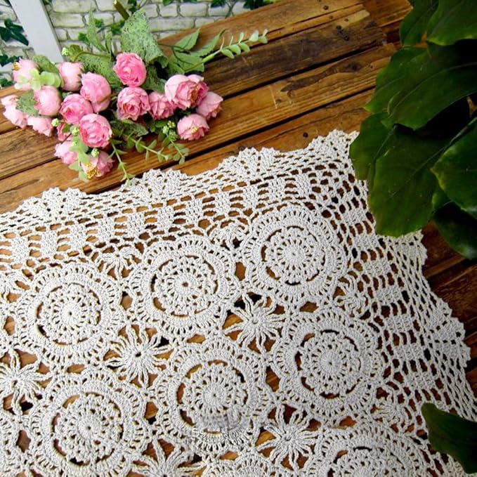 Cotton Handmade Crochet lace Table Runners Rectangular Tablecloth Doilies Doily Table Dresser Scarf Décor,19x23Inch,White