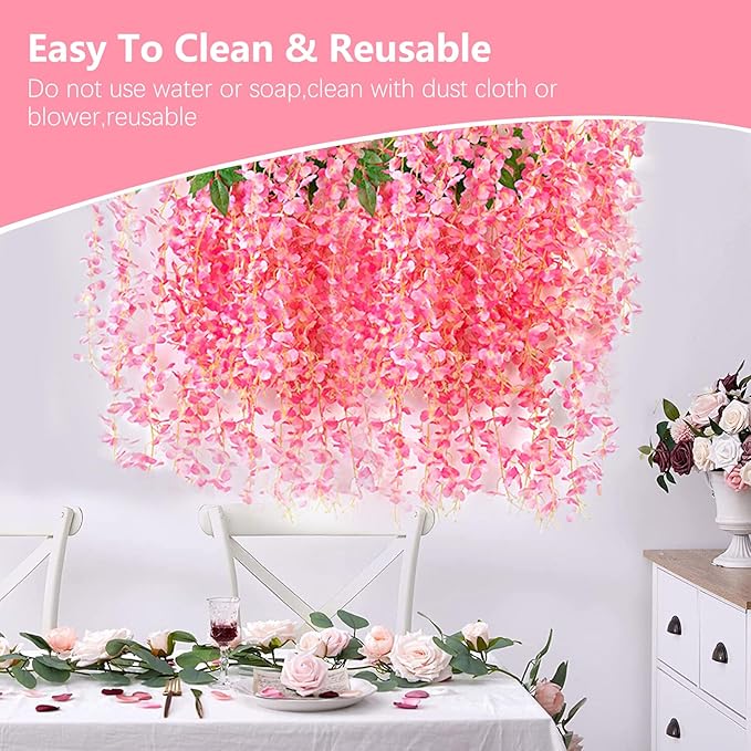 5 Pack Dark Pink Wisteria Hanging Flowers, 3.44 Ft Fake Hanging Flowers, Artificial Wisteria Garland Vines for Wedding Room Backdrop Outdoor Patio Garden Decoration