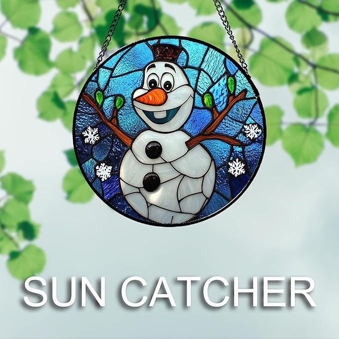 Stained Glass Window Hanging Christmas Funny Snowman 11.8" - Suncatcher Door Garden Blue White Snowflakes Sun Catcher New Year Birthday for Friend Mom Men Woman Nana