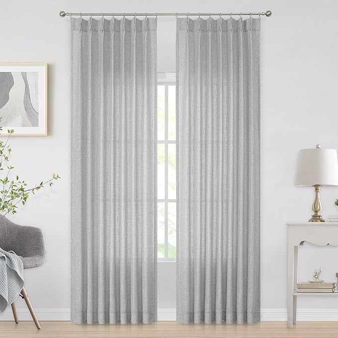 Vision Home Gray Pinch Pleated Semi Sheer Curtains Textured Light Filtering Window Curtains 95 inches for Living Room Bedroom Silver Grey Pinch Pleat Drapes with Hooks Back Tabs 2 Panels 40" Wx95 L