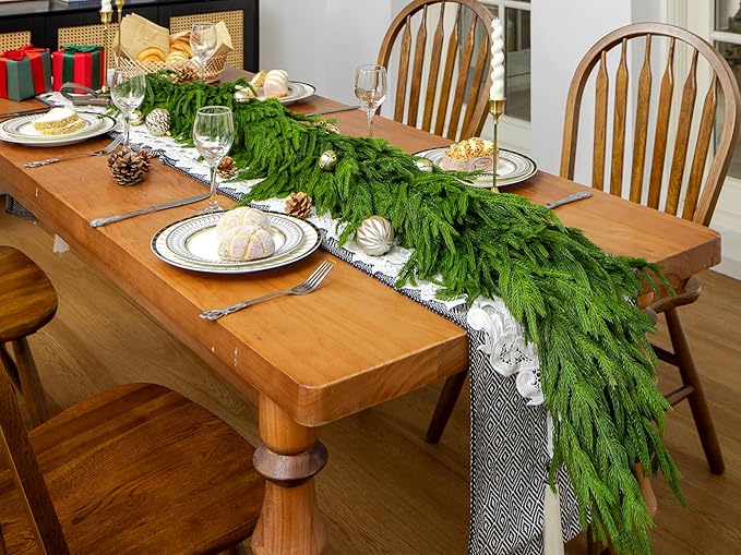 Garland with Dark Green Norfolk Pine Needles, 6 Ft Realistic Christmas Decor