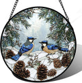 Stained Glass Window Hanging - Blue Bird Winter Forest Landscape Suncatcher for Door Garden Yard Sun Catchers Decor Christmas Mother's Day Birthday Gifts for Women Mom Nana Friend 15 in