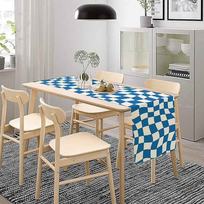 Table Flag Retro Plaid 60s70s Blue Plaid Table Flag Kitchen Restaurant Decoration Suitable for Indoor and Outdoor Festival Home Wedding Party Table Flag 13x60