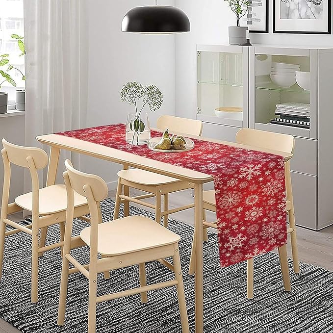Snowflakes Christmas Table Runner, Winter Holiday Red Table Cloth Kitchen Dining Table Decoration for Home Party Decor 13x108 Inch
