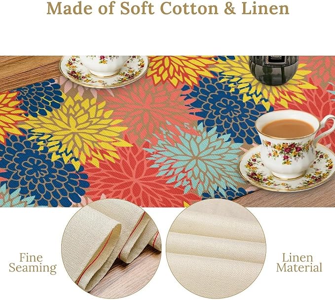 Dahlia Flowers Table Runner Colorful Floral Teal Grey Pink Yellow Blue Abstract Table Runner Kitchen Dining Party Decor Living Room, 13x36 Inch