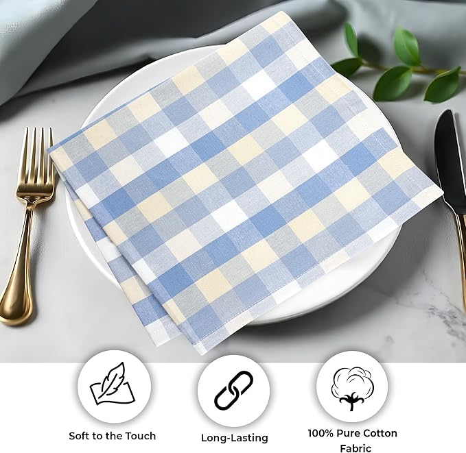 Cloth Napkins in Blue Sand Check, 100% Cotton, 20x20 Inch