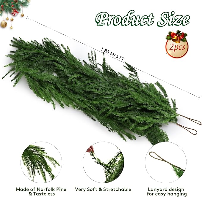 Garlands 2 Pack, 6 Ft Green Artificial Norfolk Pine Christmas Decor